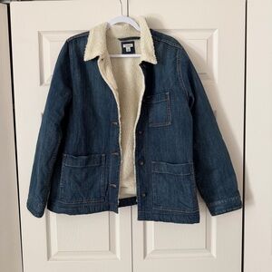 LL Bean Fleece Lined Denim Jacket Women's Trucker Chore Barn Coat Size Large